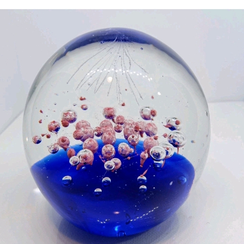 Stunning Pink/Clear Controlled Bubble 3.5"T x 3.5"W Pier One Glass Paperweight
